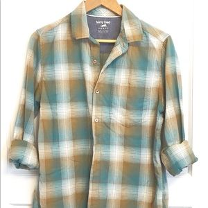 Teal and tan plaid cotton button down shirt small